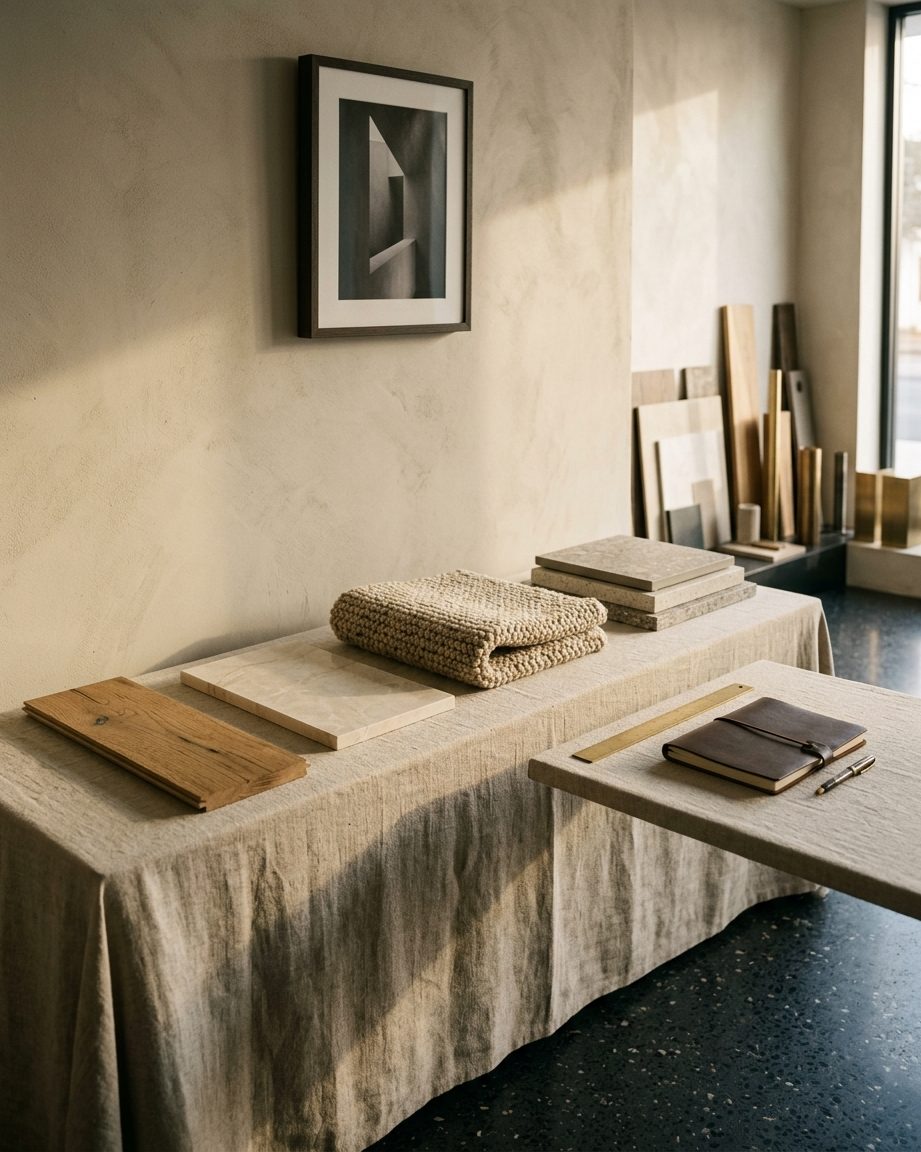 A curator's material console — oak, marble, wool and porcelain samples arranged on a linen-covered table in a warm studio interior