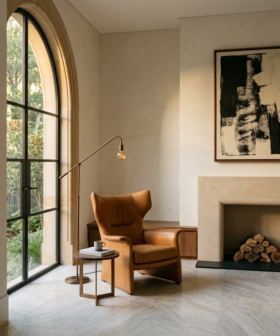 A serene sitting room corner with a caramel leather wing chair on a Taj Mahal quartzite floor, tall arched window and burnished bronze floor lamp