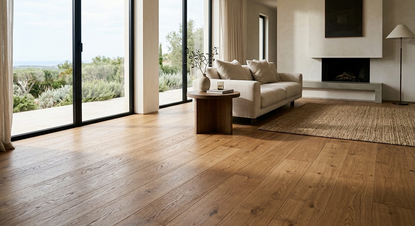 Wide-plank oak timber flooring in a luxury Sydney living room